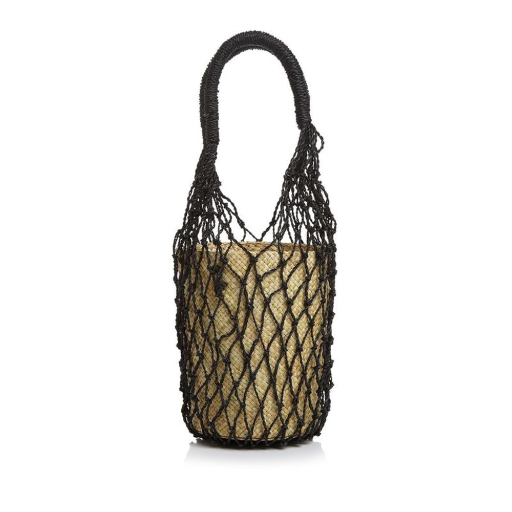 AQUA Women's Beige Straw Net Double Flat Strap Bucket Bag